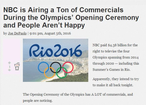 2016里约奥运会开幕式美国NBC转播奥运广告多遭吐